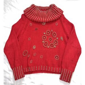 Marnie West Sweater Size S Red Gold Beaded Embellish Chunky Knit Artsy Vintage